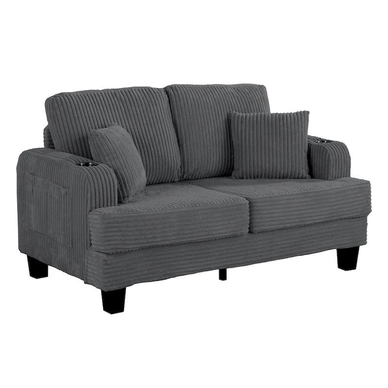 61 Contemporary Corduroy Loveseat Sofa with 2 Pillows and Cup Holder