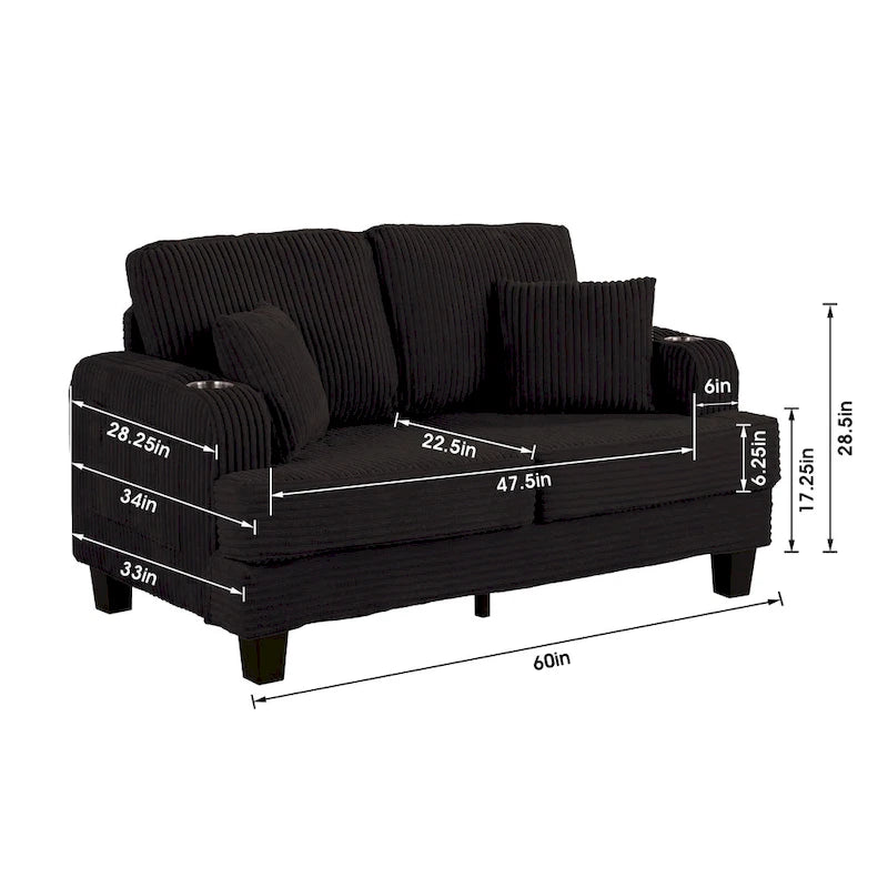 61 Contemporary Corduroy Loveseat Sofa with 2 Pillows and Cup Holder