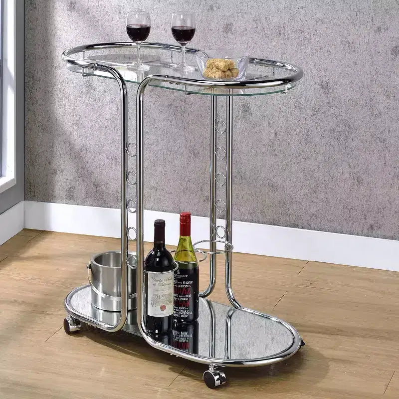 Glass Top Serving Cart with Chrome Frame and Mirrored Shelf, 2 Shelves, 28.63"W x 14.75"D x 30.88"H, Holds up to 50 lbs