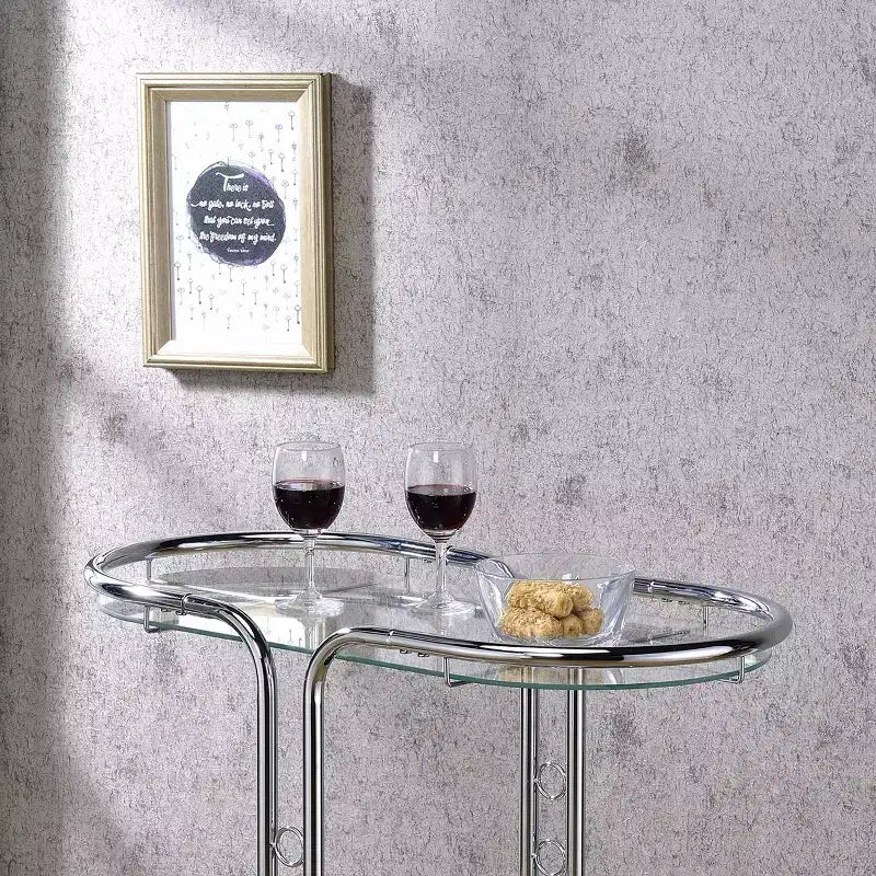 Glass Top Serving Cart with Chrome Frame and Mirrored Shelf, 2 Shelves, 28.63"W x 14.75"D x 30.88"H, Holds up to 50 lbs