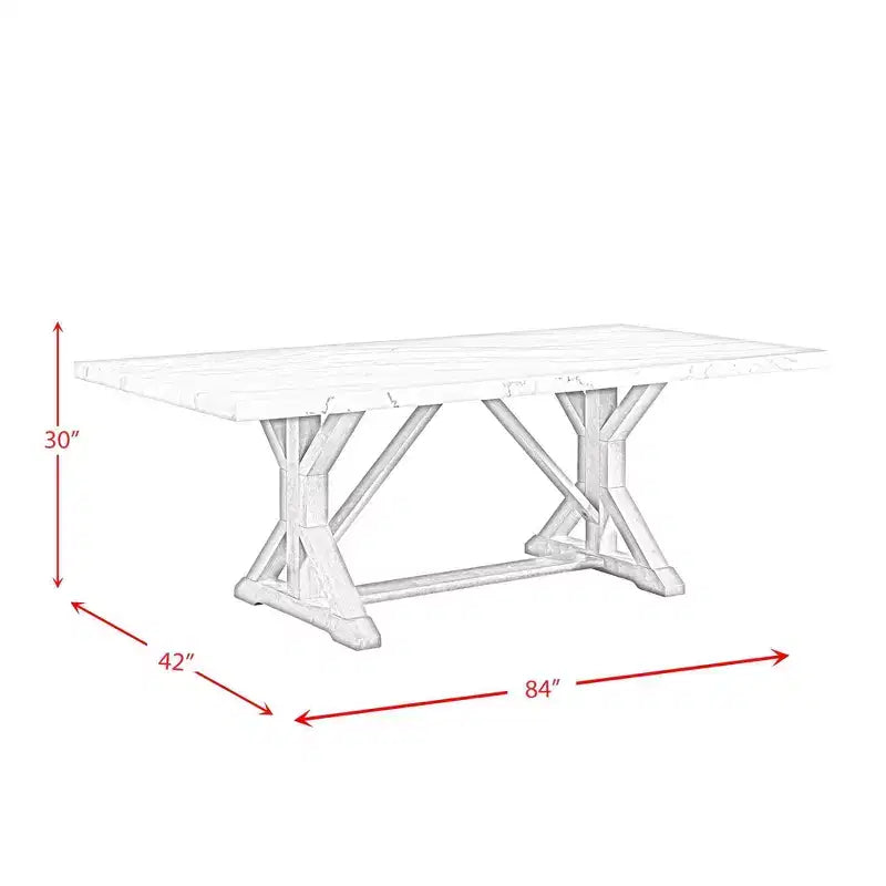 Rectangular Dining Table with Marble Top and Rubberwood Frame, Trestle Base, 84"L x 42"W x 30"H, Seats 4