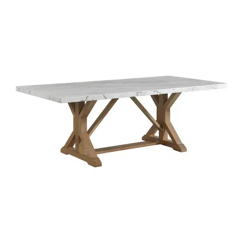 Rectangular Dining Table with Marble Top and Rubberwood Frame, Trestle Base, 84"L x 42"W x 30"H, Seats 4