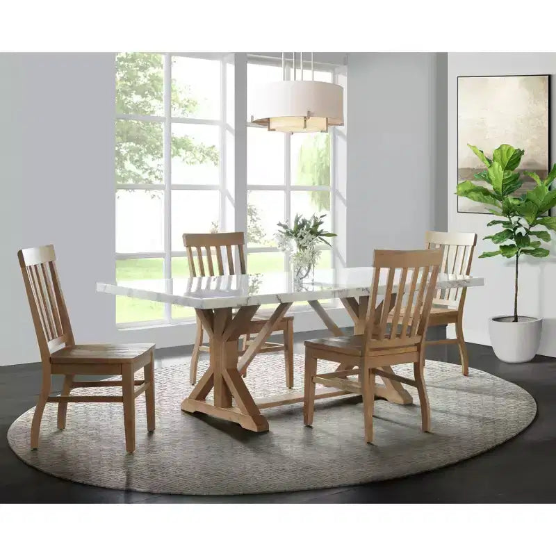 Rectangular Dining Table with Marble Top and Rubberwood Frame, Trestle Base, 84"L x 42"W x 30"H, Seats 4