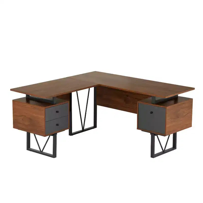 Reversible L Shaped Computer Desk with Drawers and File Cabinet Walnut - Techni Mobili: Engineered Wood, PVC Laminate, Steel Frame