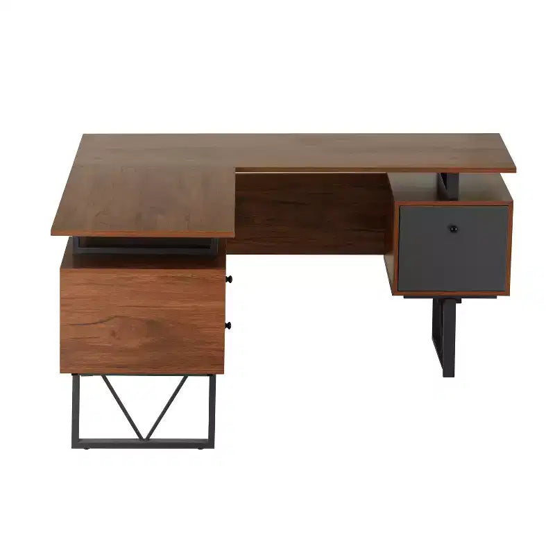 Reversible L-Shaped Computer Desk with Drawers and File Cabinet, Walnut, 59"W x 57.75"D x 30"H, Holds up to 110 lbs
