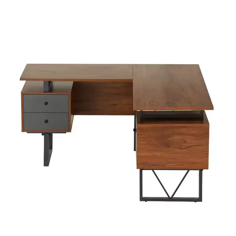 Reversible L-Shaped Computer Desk with Drawers and File Cabinet, Walnut, 59"W x 57.75"D x 30"H, Holds up to 110 lbs