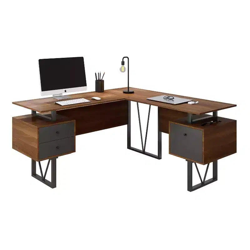 Reversible L-Shaped Computer Desk with Drawers and File Cabinet, Walnut, 59"W x 57.75"D x 30"H, Holds up to 110 lbs