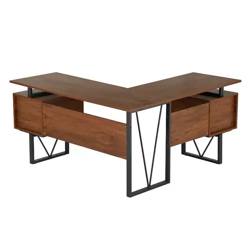 Reversible L-Shaped Computer Desk with Drawers and File Cabinet, Walnut, 59"W x 57.75"D x 30"H, Holds up to 110 lbs