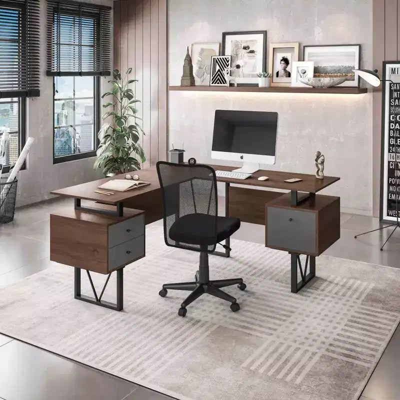 Reversible L-Shaped Computer Desk with Drawers and File Cabinet, Walnut, 59"W x 57.75"D x 30"H, Holds up to 110 lbs