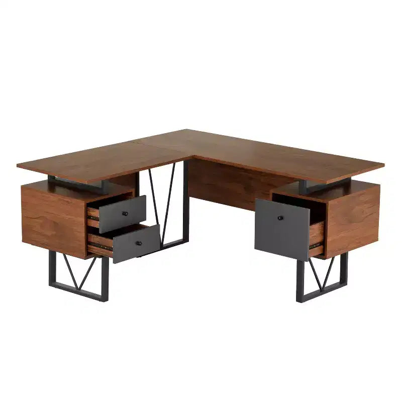 Reversible L-Shaped Computer Desk with Drawers and File Cabinet, Walnut, 59"W x 57.75"D x 30"H, Holds up to 110 lbs