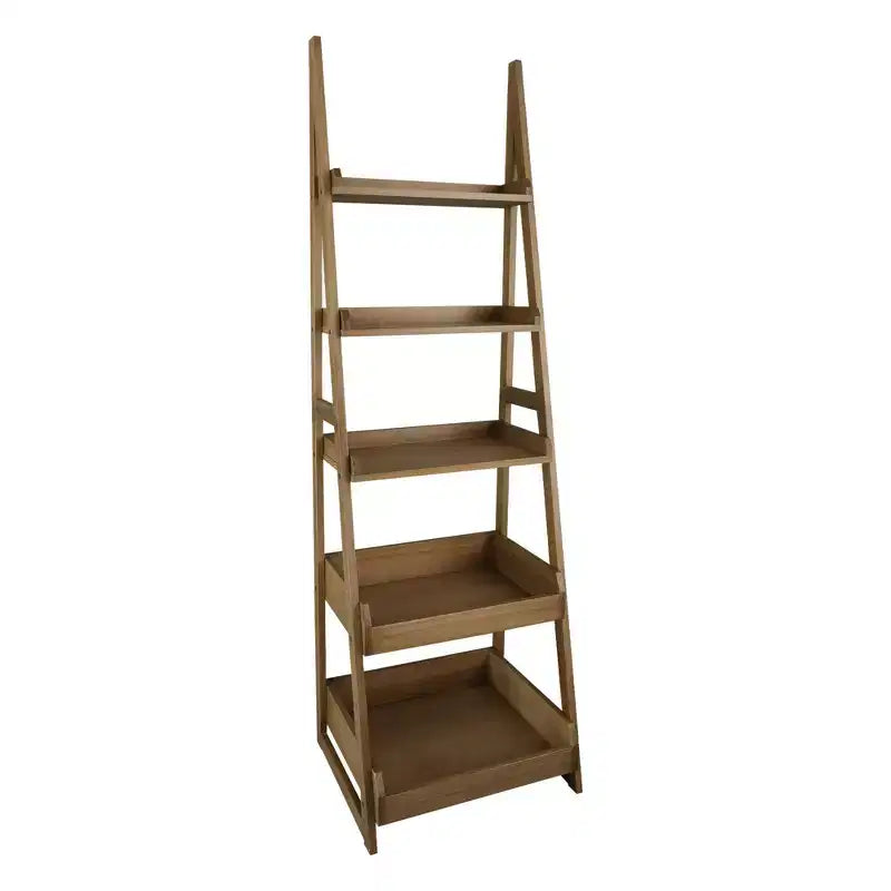 5-Shelf Ladder Bookcase, Solid Pine Wood, Open Back, 22.5"W x 19.5"D x 74"H, Alpine Gray