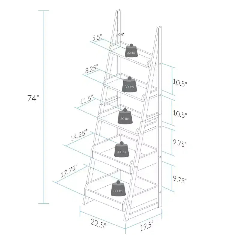 5-Shelf Ladder Bookcase, Solid Pine Wood, Open Back, 22.5"W x 19.5"D x 74"H, Alpine Gray