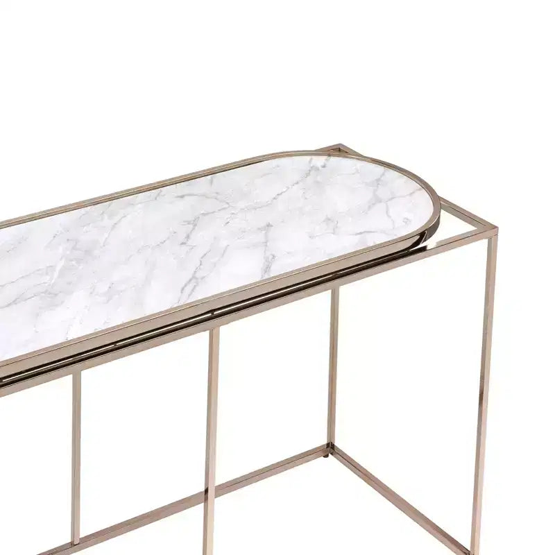 Faux Marble Console Sofa Table, White Marble Top and Champagne Frame, 48"W x 17"D x 29.5"H, Holds up to 100 lbs