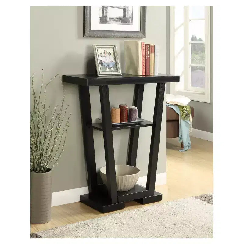 Narrow Console Table with 2 Shelves, Black MDF, 31.5"W x 11.5"D x 34"H