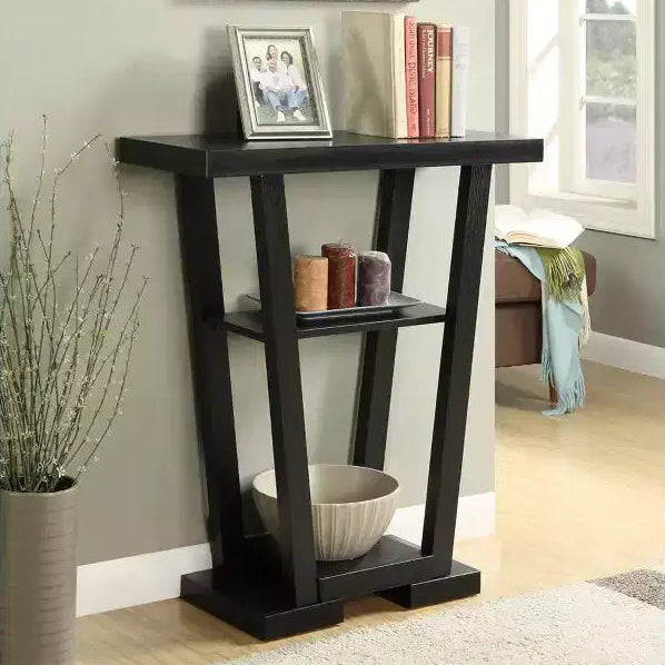 Consolle stretta con 2 ripiani, MDF nero, 80 cm L x 29 cm P x 86 cm H