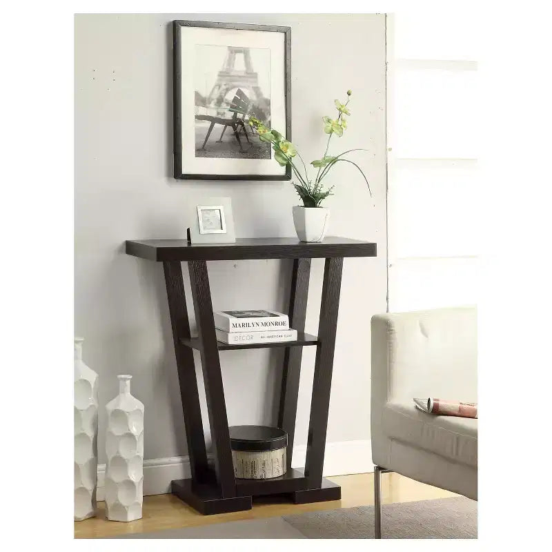 Narrow Console Table with 2 Shelves, Black MDF, 31.5"W x 11.5"D x 34"H