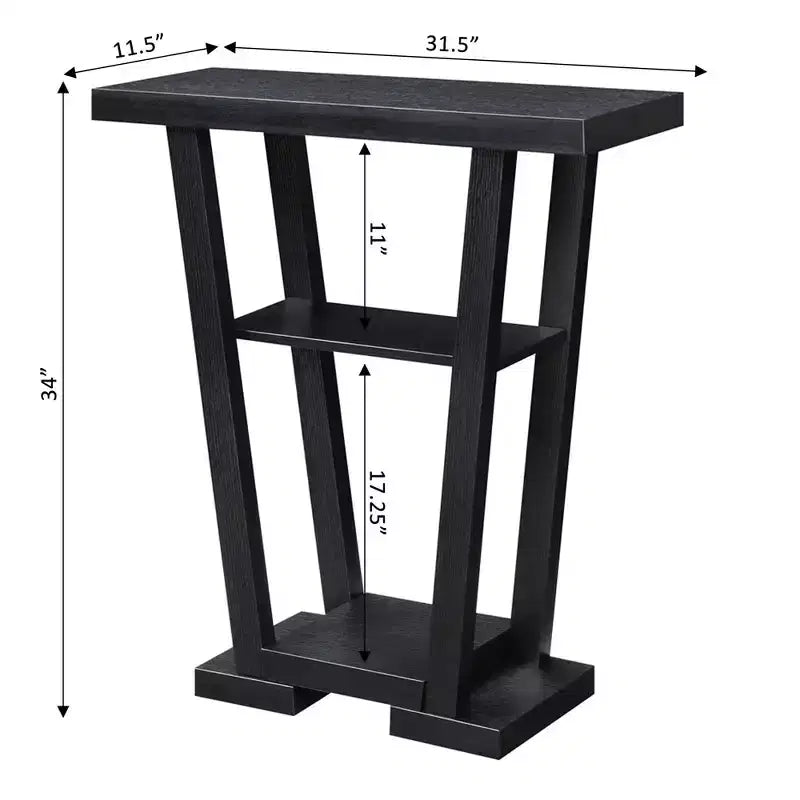 Narrow Console Table with 2 Shelves, Black MDF, 31.5"W x 11.5"D x 34"H