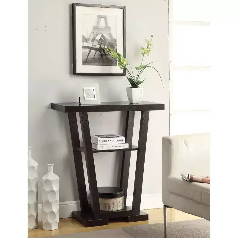 Narrow Console Table with 2 Shelves, Black MDF, 31.5"W x 11.5"D x 34"H