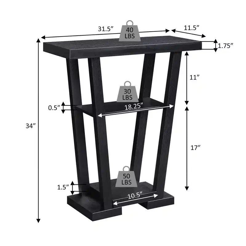 Narrow Console Table with 2 Shelves, Black MDF, 31.5"W x 11.5"D x 34"H