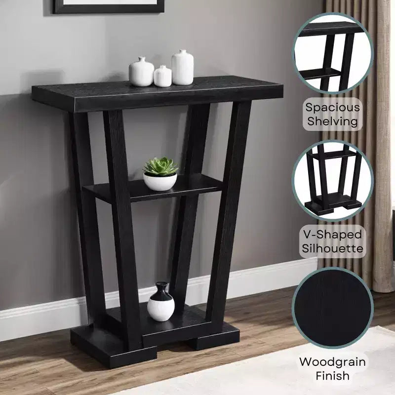 Narrow Console Table with 2 Shelves, Black MDF, 31.5"W x 11.5"D x 34"H