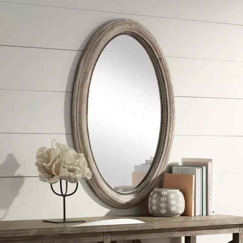 Oval Wall Mirror with Beaded Wood Frame, Natural, 23.5"W x 34"H, Ready to Hang