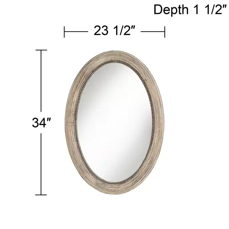 Oval Wall Mirror with Beaded Wood Frame, Natural, 23.5"W x 34"H, Ready to Hang