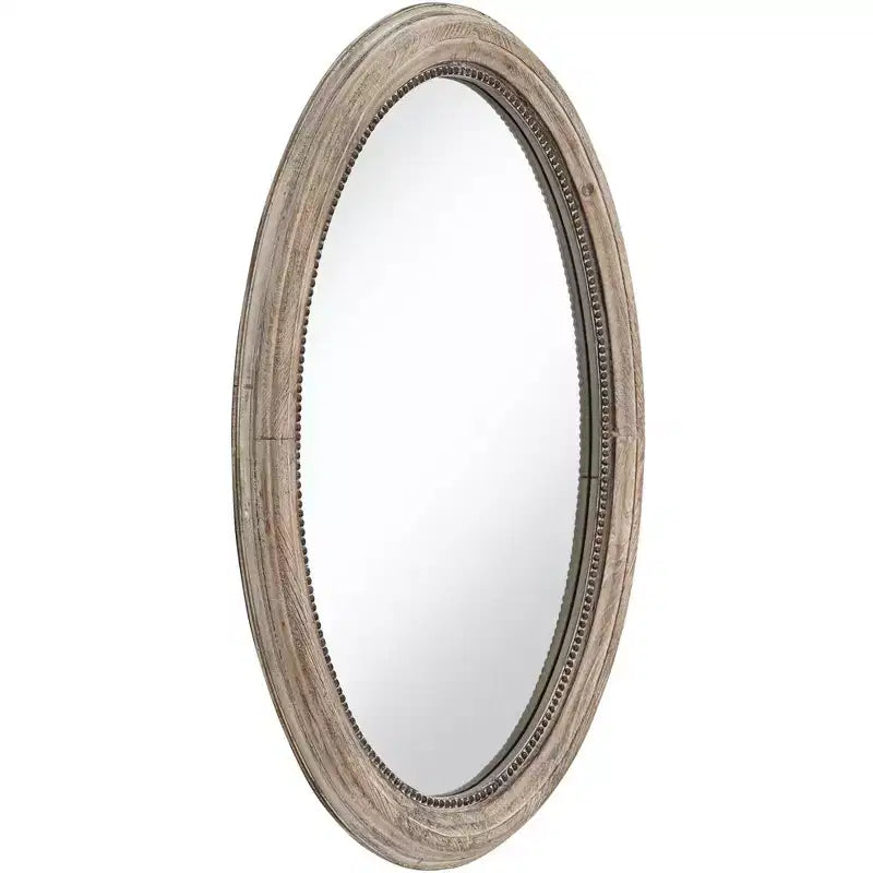 Oval Wall Mirror with Beaded Wood Frame, Natural, 23.5"W x 34"H, Ready to Hang