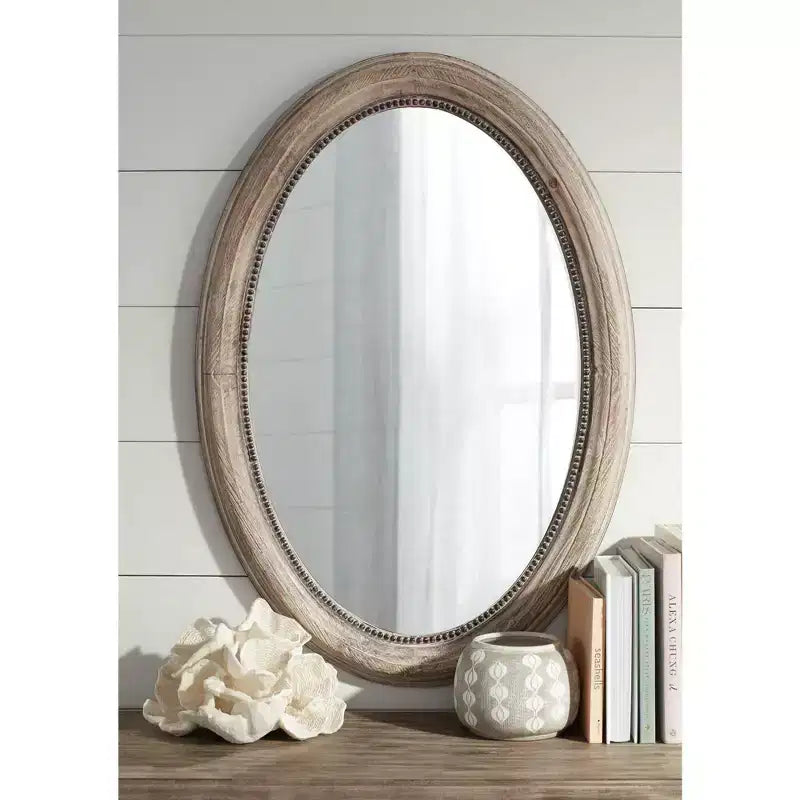 Oval Wall Mirror with Beaded Wood Frame, Natural, 23.5"W x 34"H, Ready to Hang