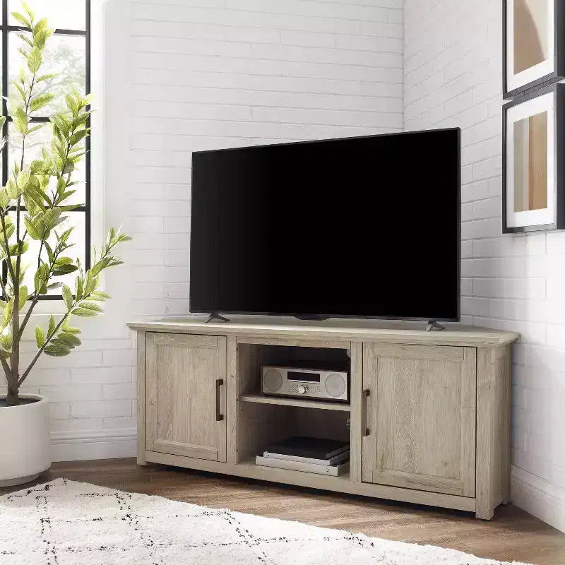 Corner TV Stand for TVs up to 60", Rustic Style, Pine and MDF, 58"W x 20"D x 22"H, Holds up to 100 lbs