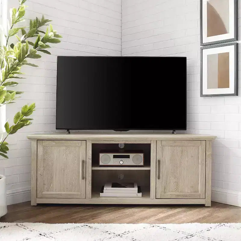 Corner TV Stand for TVs up to 60", Rustic Style, Pine and MDF, 58"W x 20"D x 22"H, Holds up to 100 lbs