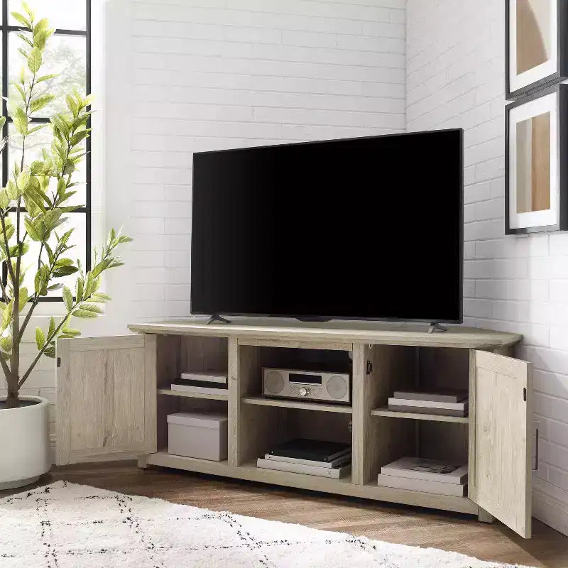 Corner TV Stand for TVs up to 60", Rustic Style, Pine and MDF, 58"W x 20"D x 22"H, Holds up to 100 lbs