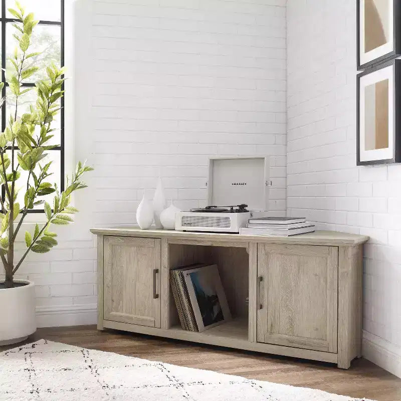 Corner TV Stand for TVs up to 60", Rustic Style, Pine and MDF, 58"W x 20"D x 22"H, Holds up to 100 lbs