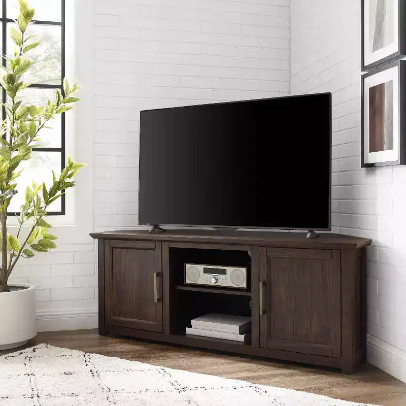 Corner TV Stand for TVs up to 60", Rustic Style, Pine and MDF, 58"W x 20"D x 22"H, Holds up to 100 lbs