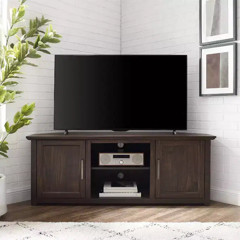 Corner TV Stand for TVs up to 60", Rustic Style, Pine and MDF, 58"W x 20"D x 22"H, Holds up to 100 lbs