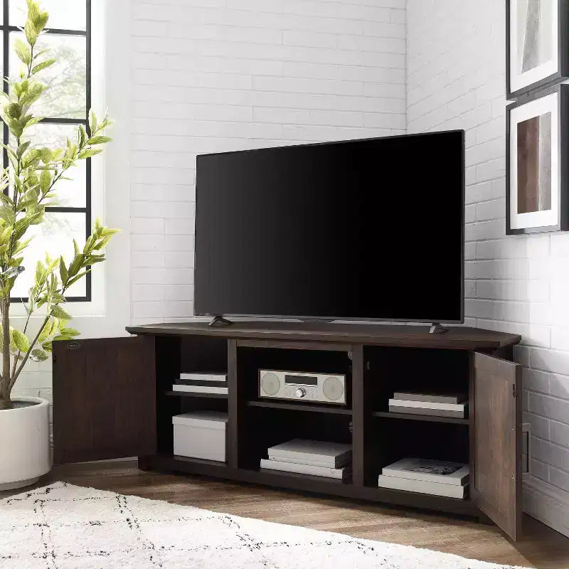 Corner TV Stand for TVs up to 60", Rustic Style, Pine and MDF, 58"W x 20"D x 22"H, Holds up to 100 lbs