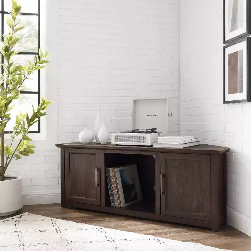 Corner TV Stand for TVs up to 60", Rustic Style, Pine and MDF, 58"W x 20"D x 22"H, Holds up to 100 lbs