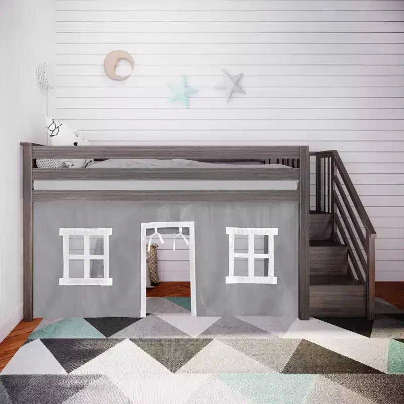 Twin Low Loft Bed with Stairs and Curtains, Solid Pine Wood, 99.5"L x 42.5"W x 50"H, Holds up to 400 lbs
