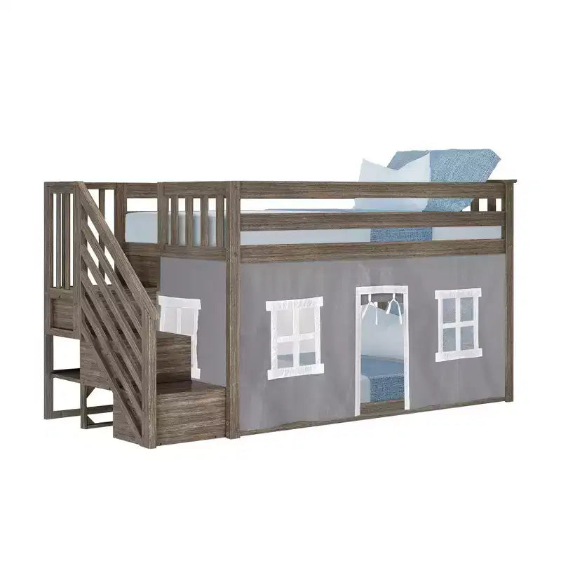 Twin Low Loft Bed with Stairs and Curtains, Solid Pine Wood, 99.5"L x 42.5"W x 50"H, Holds up to 400 lbs