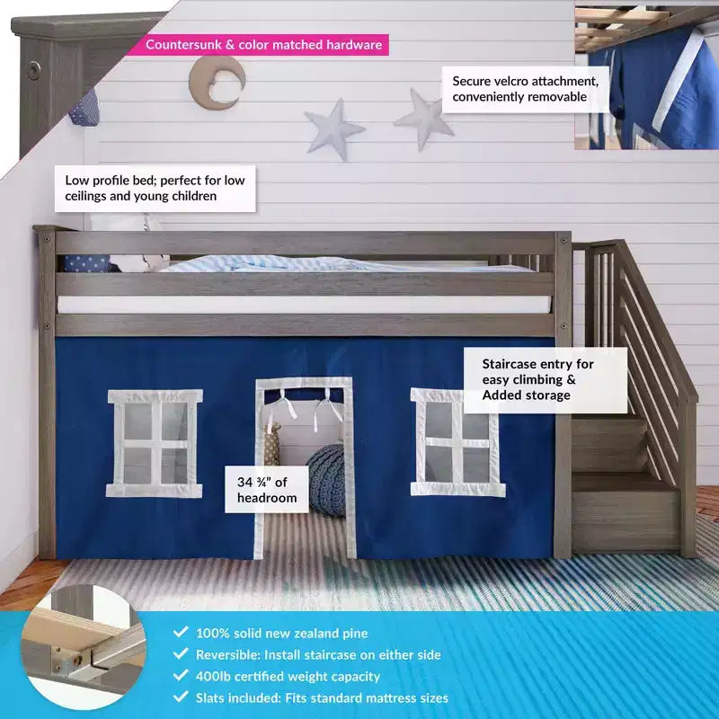 Twin Low Loft Bed with Stairs and Curtains, Solid Pine Wood, 99.5"L x 42.5"W x 50"H, Holds up to 400 lbs