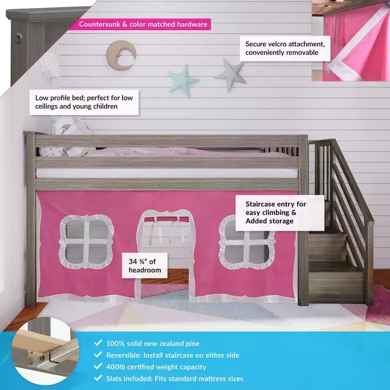 Twin Low Loft Bed with Stairs and Curtains, Solid Pine Wood, 99.5"L x 42.5"W x 50"H, Holds up to 400 lbs