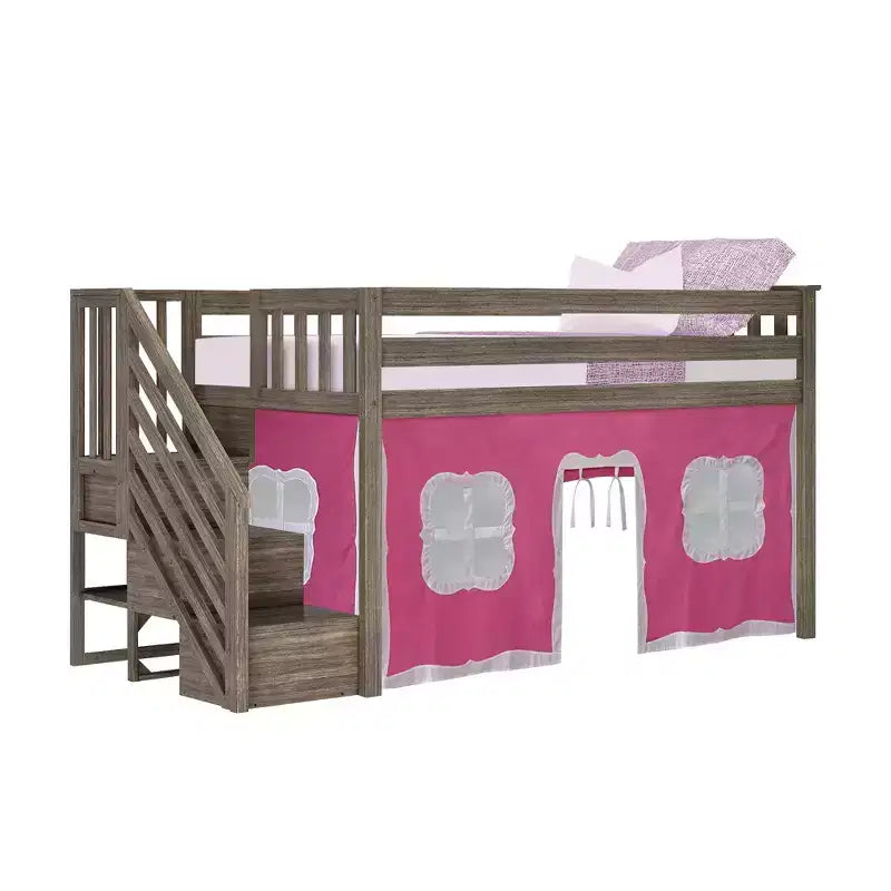 Twin Low Loft Bed with Stairs and Curtains, Solid Pine Wood, 99.5"L x 42.5"W x 50"H, Holds up to 400 lbs