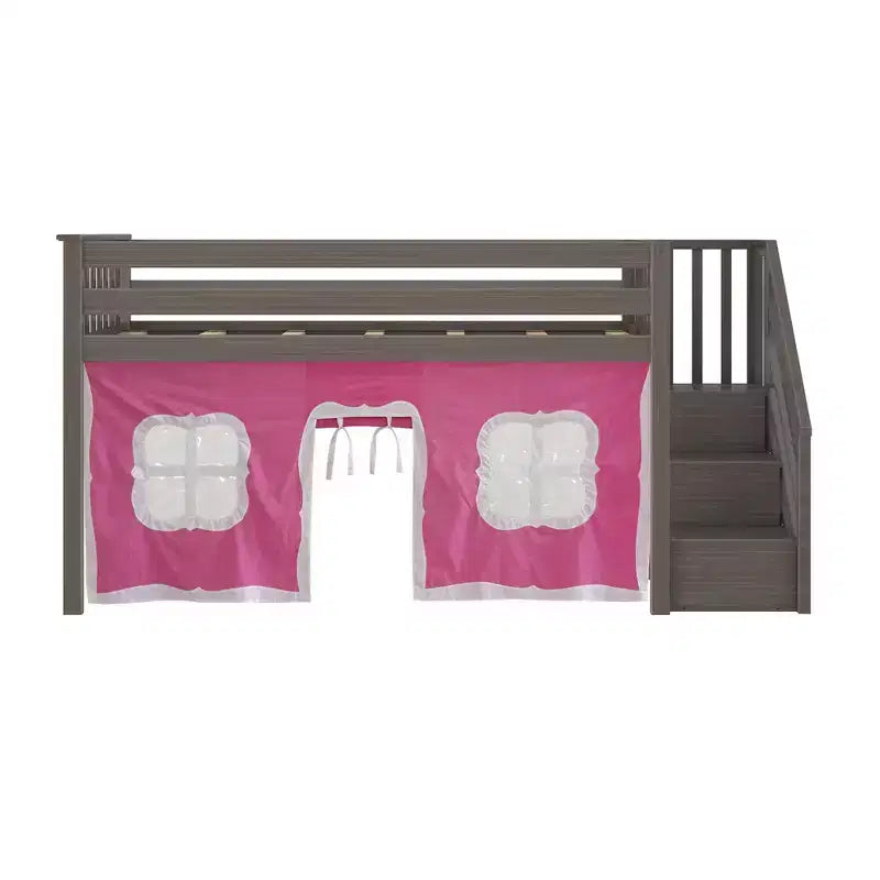 Twin Low Loft Bed with Stairs and Curtains, Solid Pine Wood, 99.5"L x 42.5"W x 50"H, Holds up to 400 lbs