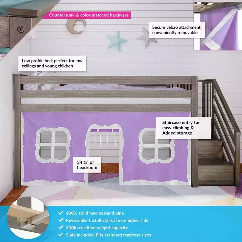 Twin Low Loft Bed with Stairs and Curtains, Solid Pine Wood, 99.5"L x 42.5"W x 50"H, Holds up to 400 lbs