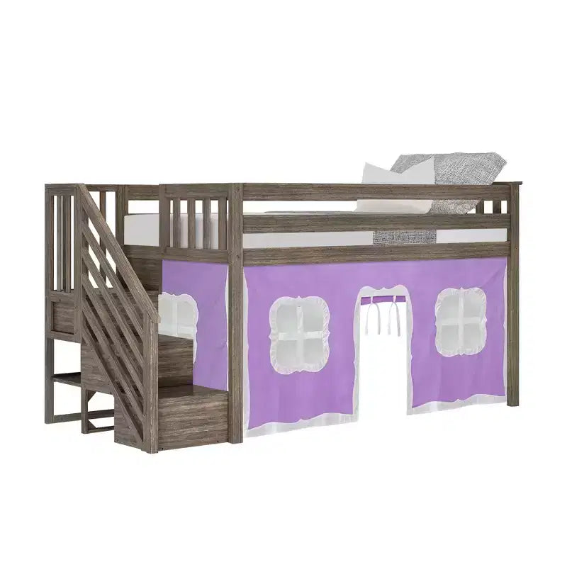 Twin Low Loft Bed with Stairs and Curtains, Solid Pine Wood, 99.5"L x 42.5"W x 50"H, Holds up to 400 lbs