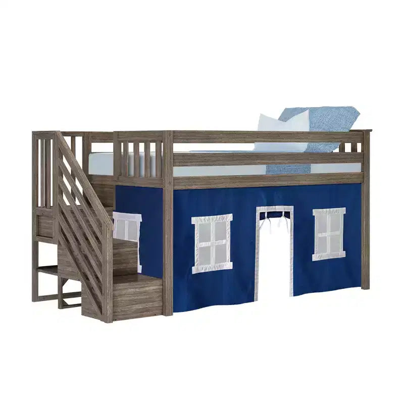 Twin Low Loft Bed with Stairs and Curtains, Solid Pine Wood, 99.5"L x 42.5"W x 50"H, Holds up to 400 lbs
