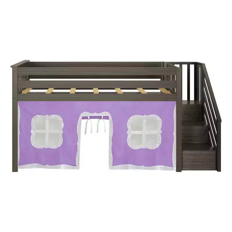 Twin Low Loft Bed with Stairs and Curtains, Solid Pine Wood, 99.5"L x 42.5"W x 50"H, Holds up to 400 lbs