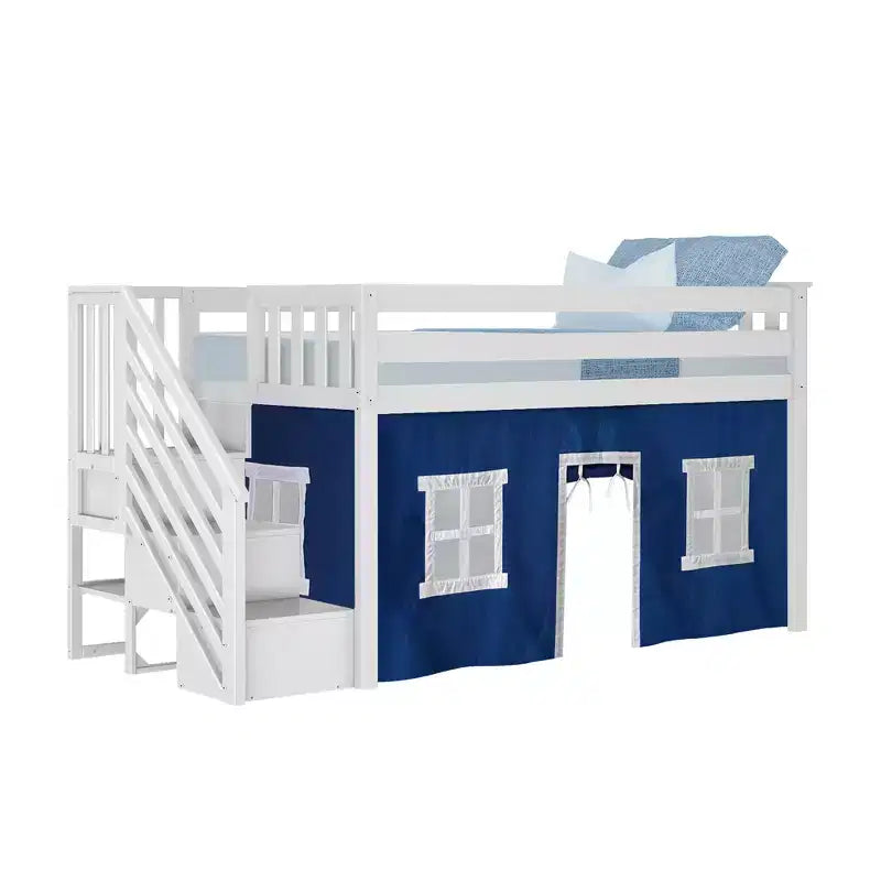 Twin Low Loft Bed with Stairs and Curtains, Solid Pine Wood, 99.5"L x 42.5"W x 50"H, Holds up to 400 lbs