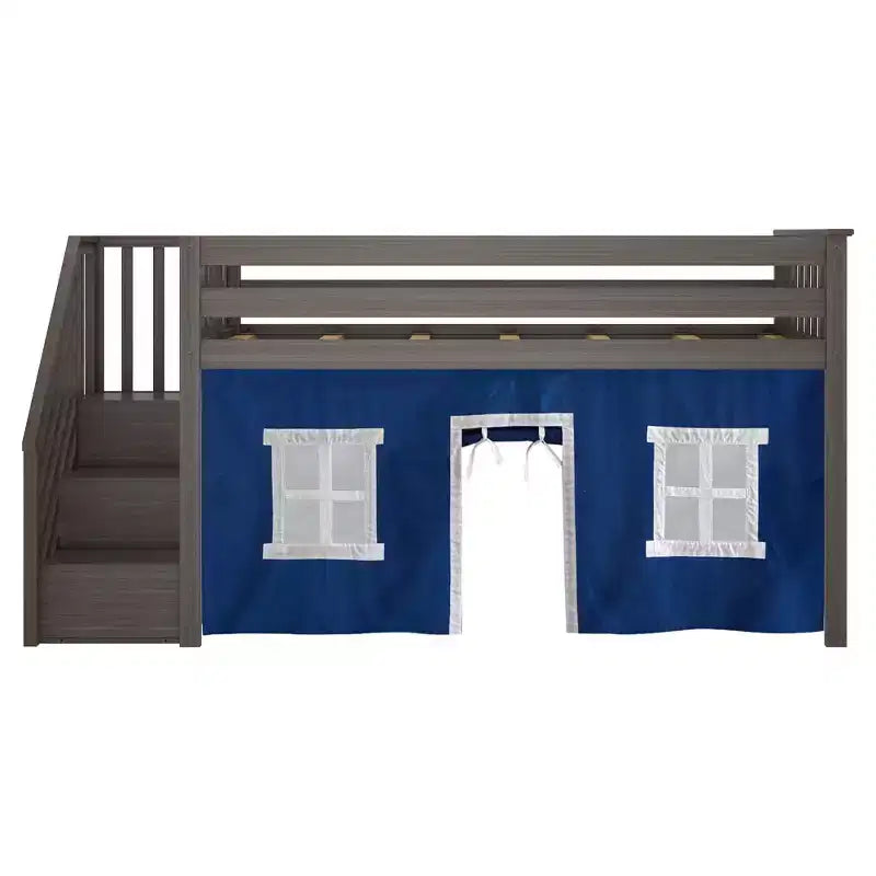 Twin Low Loft Bed with Stairs and Curtains, Solid Pine Wood, 99.5"L x 42.5"W x 50"H, Holds up to 400 lbs