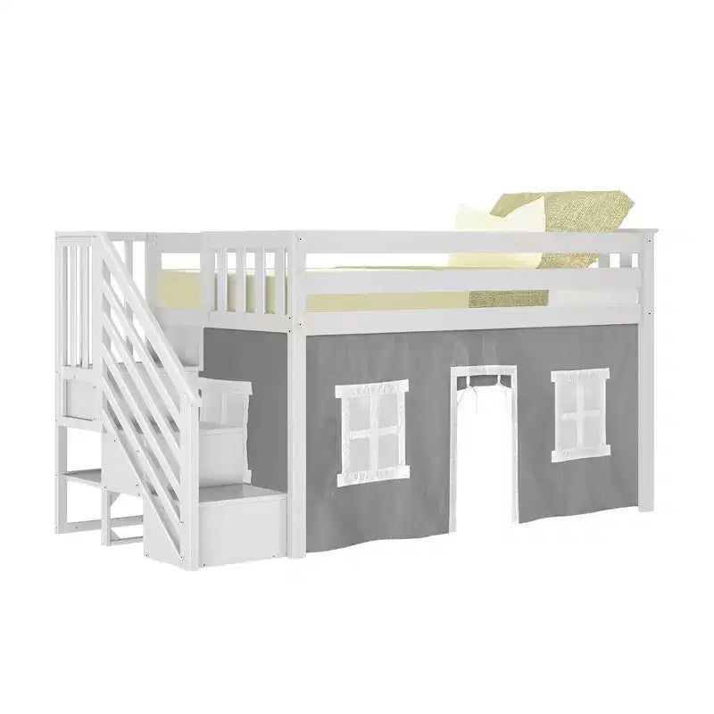 Twin Low Loft Bed with Stairs and Curtains, Solid Pine Wood, 99.5"L x 42.5"W x 50"H, Holds up to 400 lbs