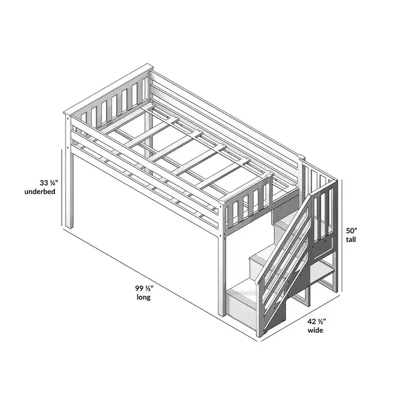 Twin Low Loft Bed with Stairs and Curtains, Solid Pine Wood, 99.5"L x 42.5"W x 50"H, Holds up to 400 lbs